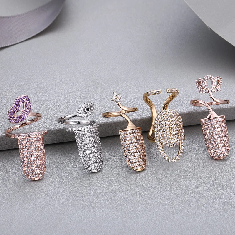 

Wholesale Copper Zircon Nail Ring Hip-hop Adjustable Custom Exquisite Genuine Gold Plated Rings For Ladies, 3 colors