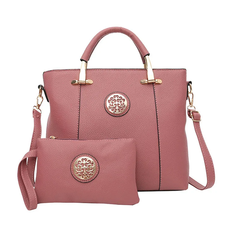 

time-limited discount 2 piece set leather bag handbag with metal round logo