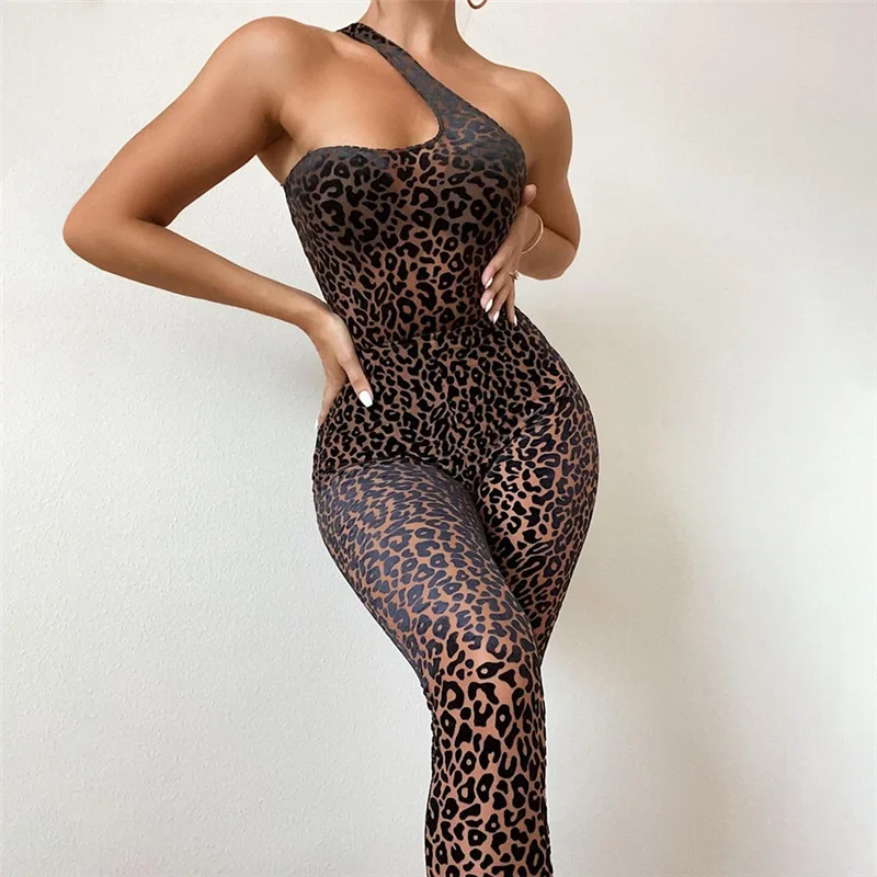 

Fall Flocking Mesh Jumpsuit Women One Shoulder Leopard One Piece Jumpsuits Womens Romper Sports Sexy Club Wear Overall B1912