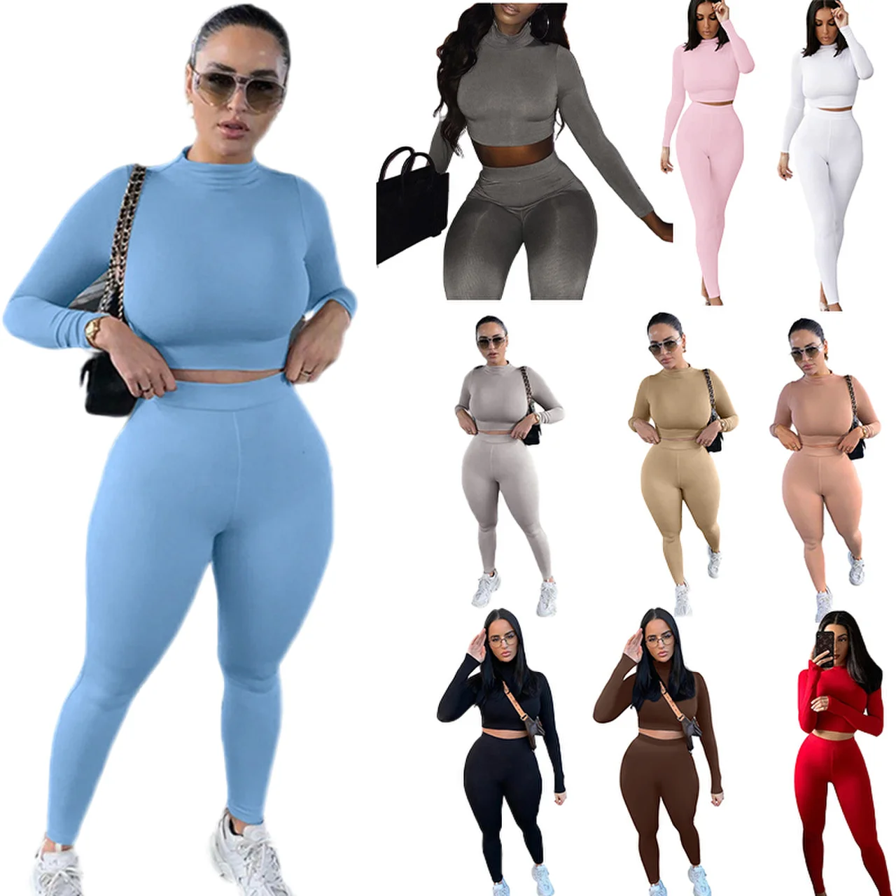 

2021 Amazon new jogger sets women long sleeve turtleneck skinny outfit fashion casual two piece pants set