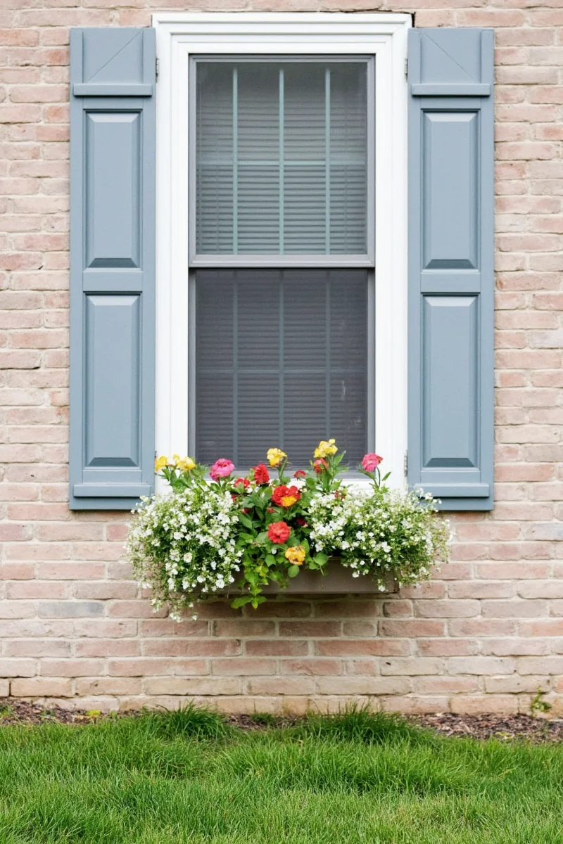 A white cat lounging on a wooden ledge below a window box filled with lavender and geraniums