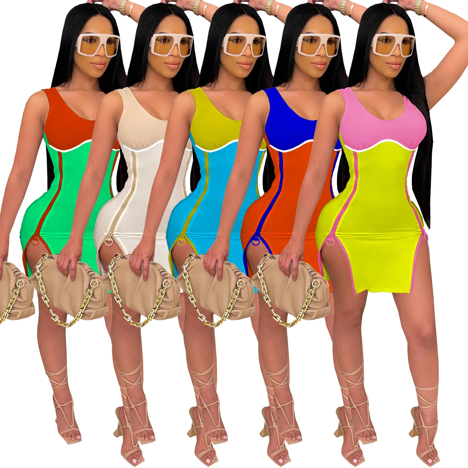 

E-SZ8122 Summer Patchwork Wrapped Chest Sleeveless Dresses Digital Print Split Hip Dress with Double Zipper, Green,khaki,blue,orange,yellow