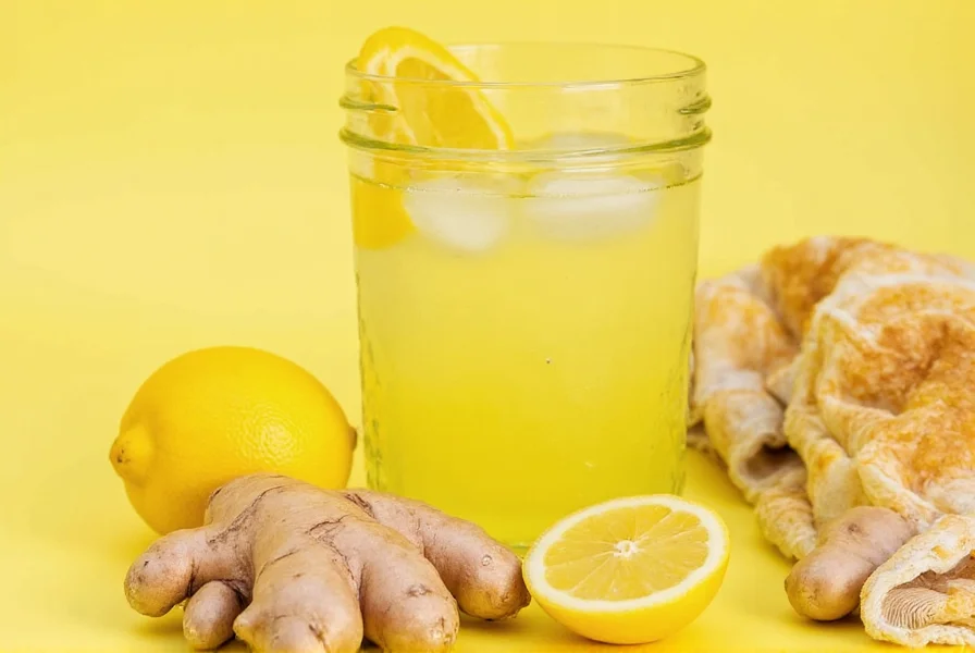 Close-up of fresh ginger root and lemon slices steeping in clear glass pitcher of water