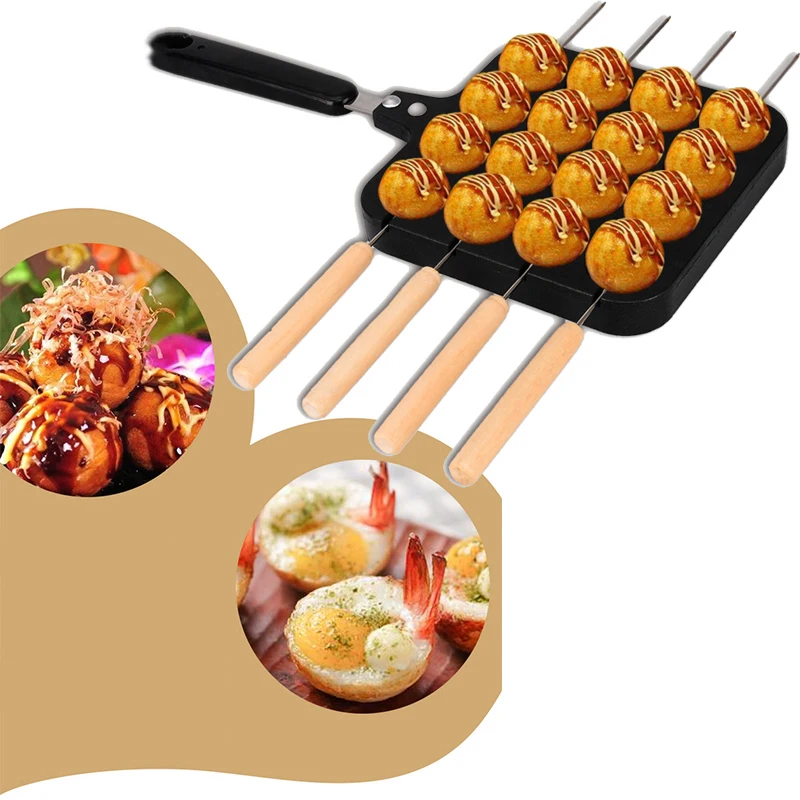 

16 Holes Aluminum Takoyaki Maker Grill Pan Octopus Ball Plate Home Cooking Baking Forms Mold Tray Baking Pan Kitchen Tool, Black