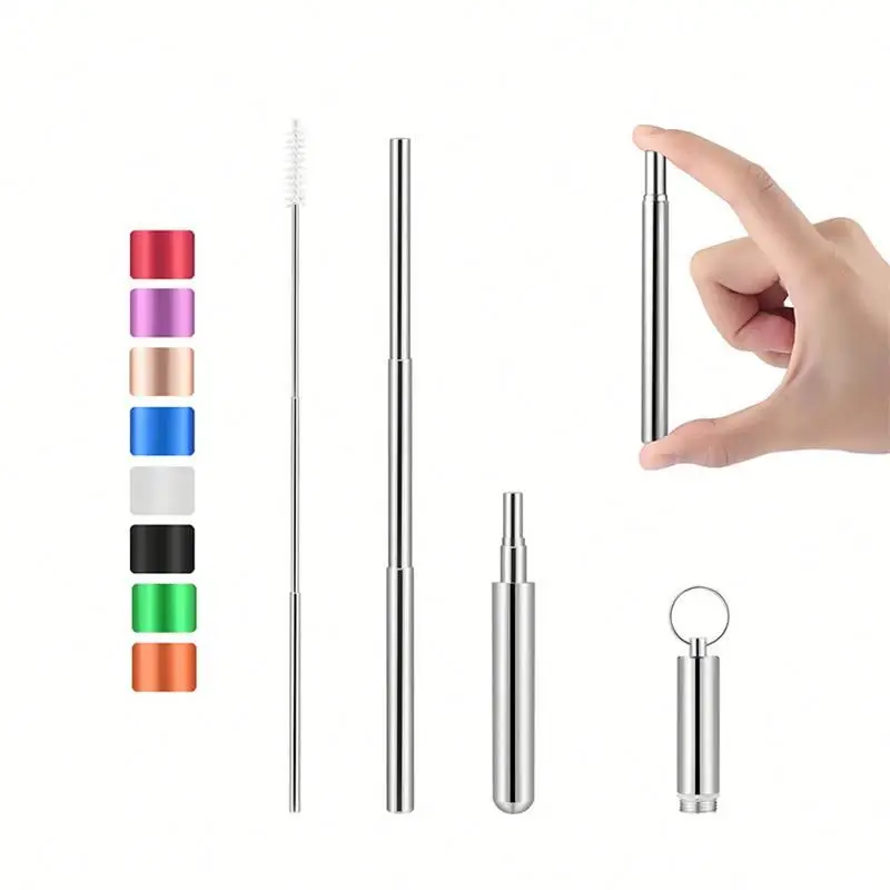 Wholesale custom reusable collapsible foldable stainless steel telescopic metal drinking straw set