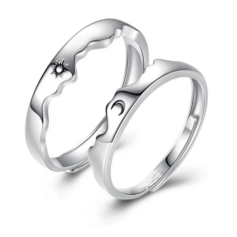 JQ56 925 Sterling Silver Sun Moon Couple Rings Open Adjustable Ring Each Other Lover Couple Friends Gift Wedding Jewelry Rings