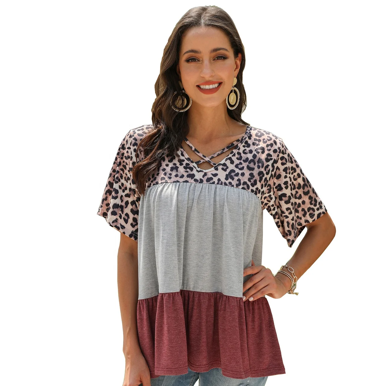 

Hot Sale Short Sleeve Leopard Ruffled T Shirt,Cross Strap V Neck Woman Top, Picture