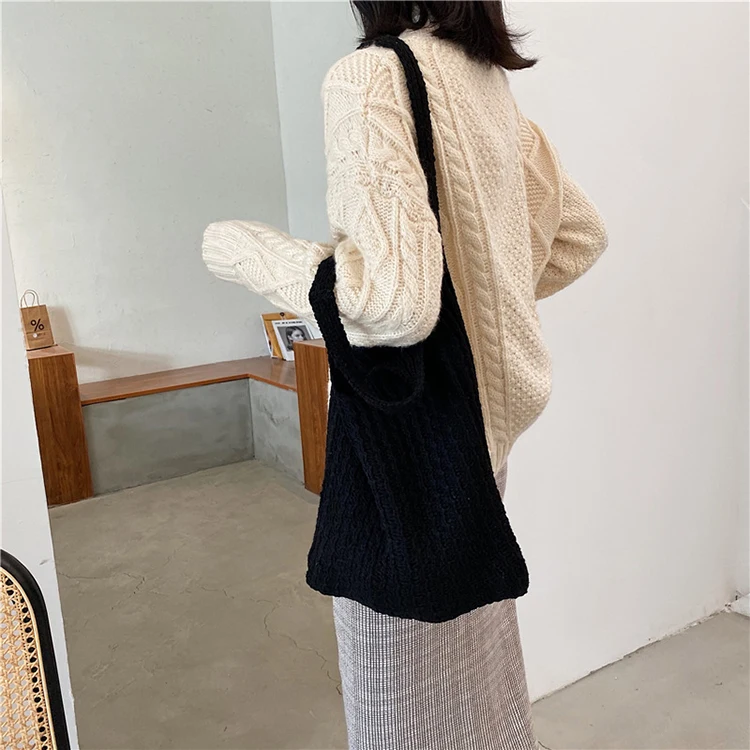 

Free Shipping Handbags For Women 2021 Cotton Thread Portable Bucket Bag Knitted Wool One-shoulder Shopping Bags, 6 colors or customized color
