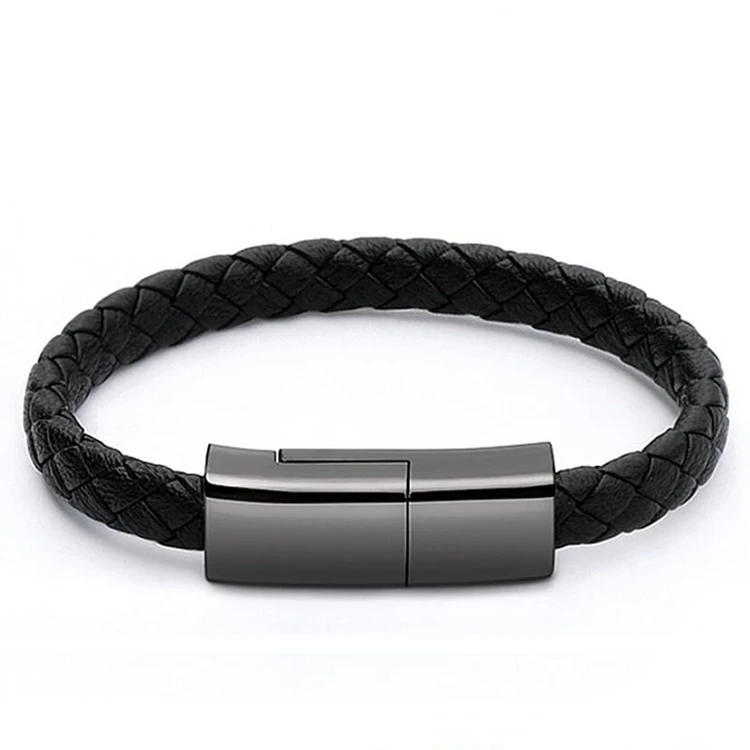 

New Style For Men Women Custom Black Leather Bracelet USB Charger Cable For Mobile phone Charging Data Line Bracelet Cable