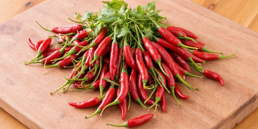 A vibrant array of chile vegetal peppers in different colors and sizes.