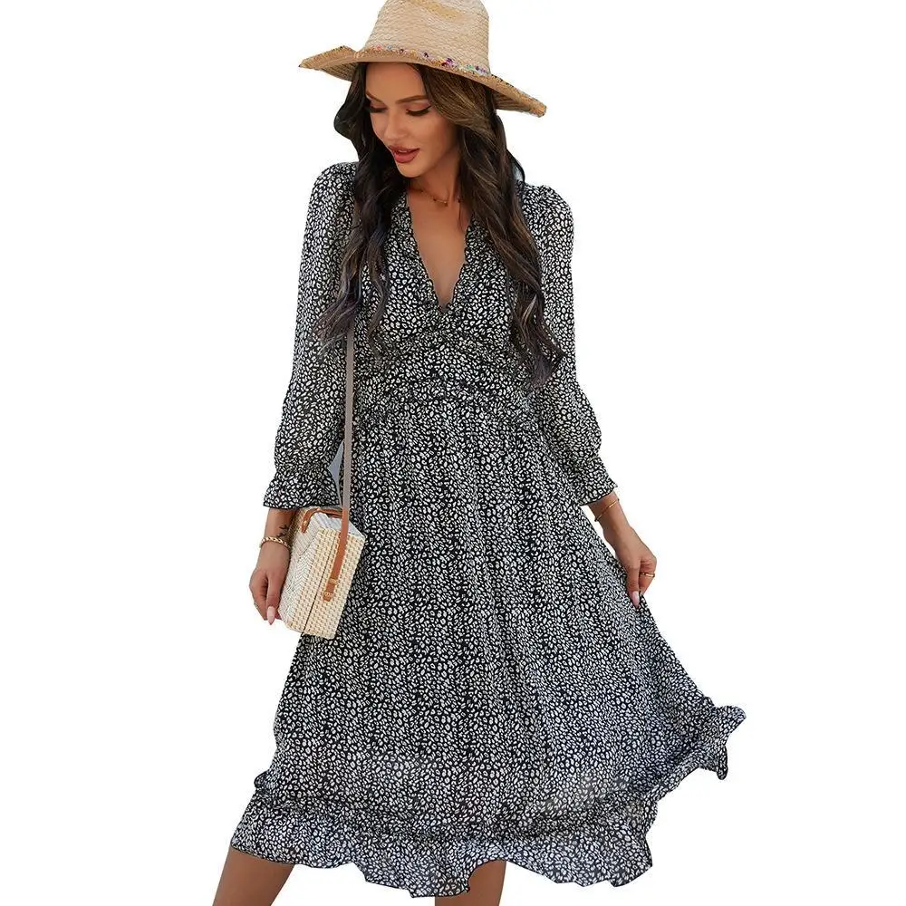 

2021 summer new V-neck print women's dress low cut Ruffle sexy long sleeve skirt casual street style women's dress