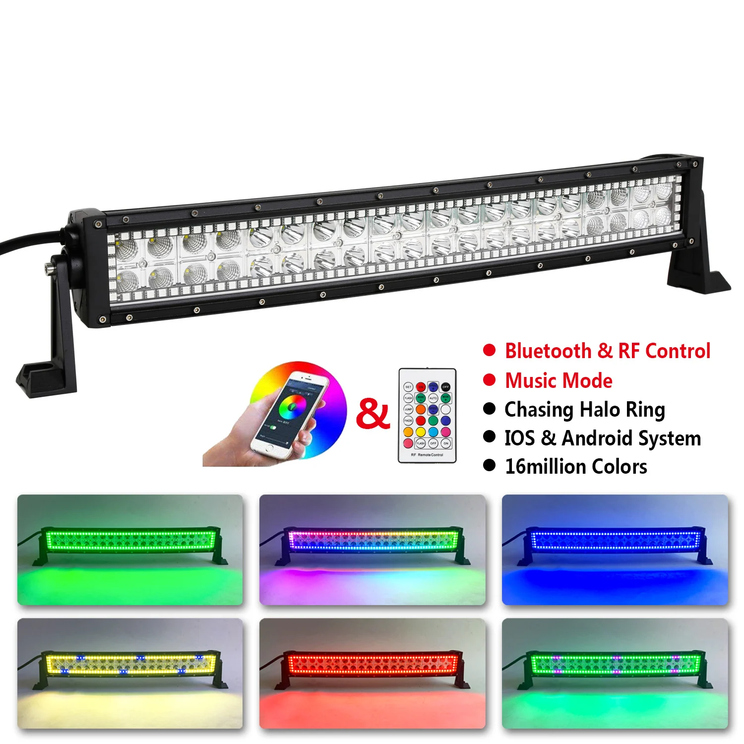 Factory OEM ODM 120w 22inch Curved Led Light Bar Bluetooth music function Super bright RGB Chasing for Off road  truck