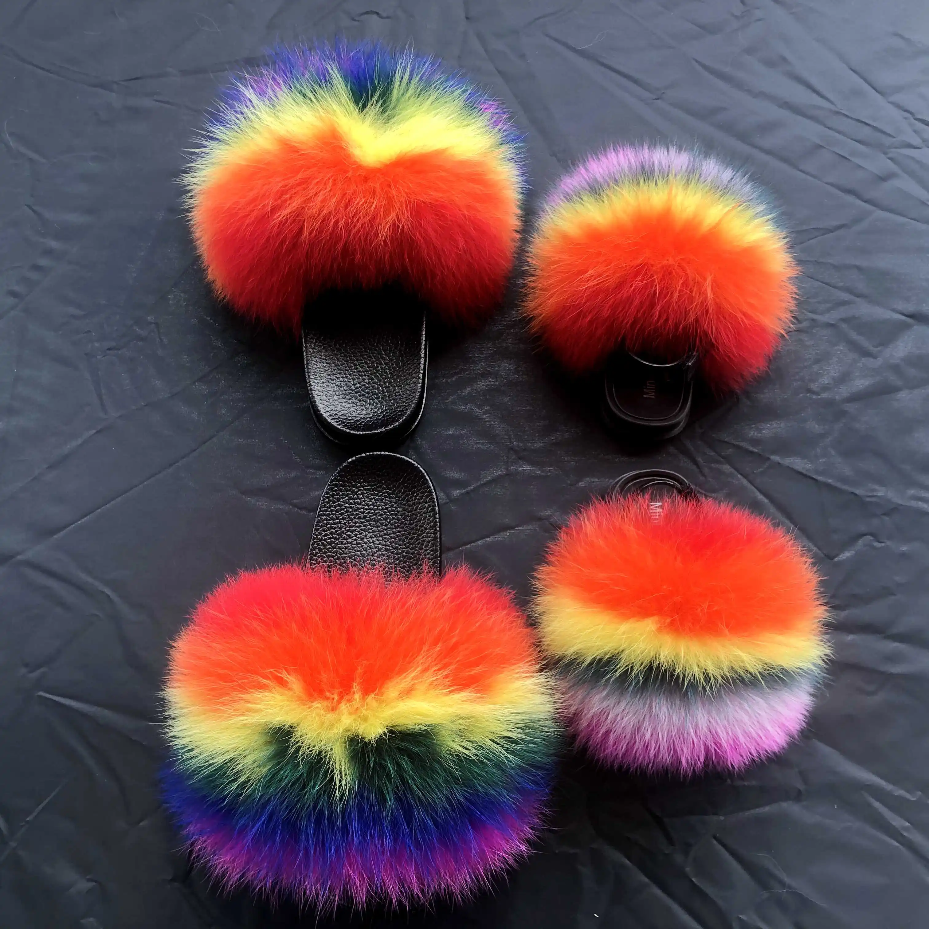 

81-118 Custom Fur Slides Fluffy Slippers Fur Furry Mommy And Me Matching Fur Slippers, Customized color