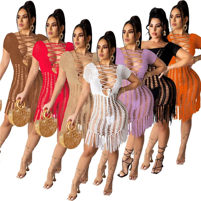 

summer 2021 short sleeve v-neck bandage knit dress sexy women tassel beach wear