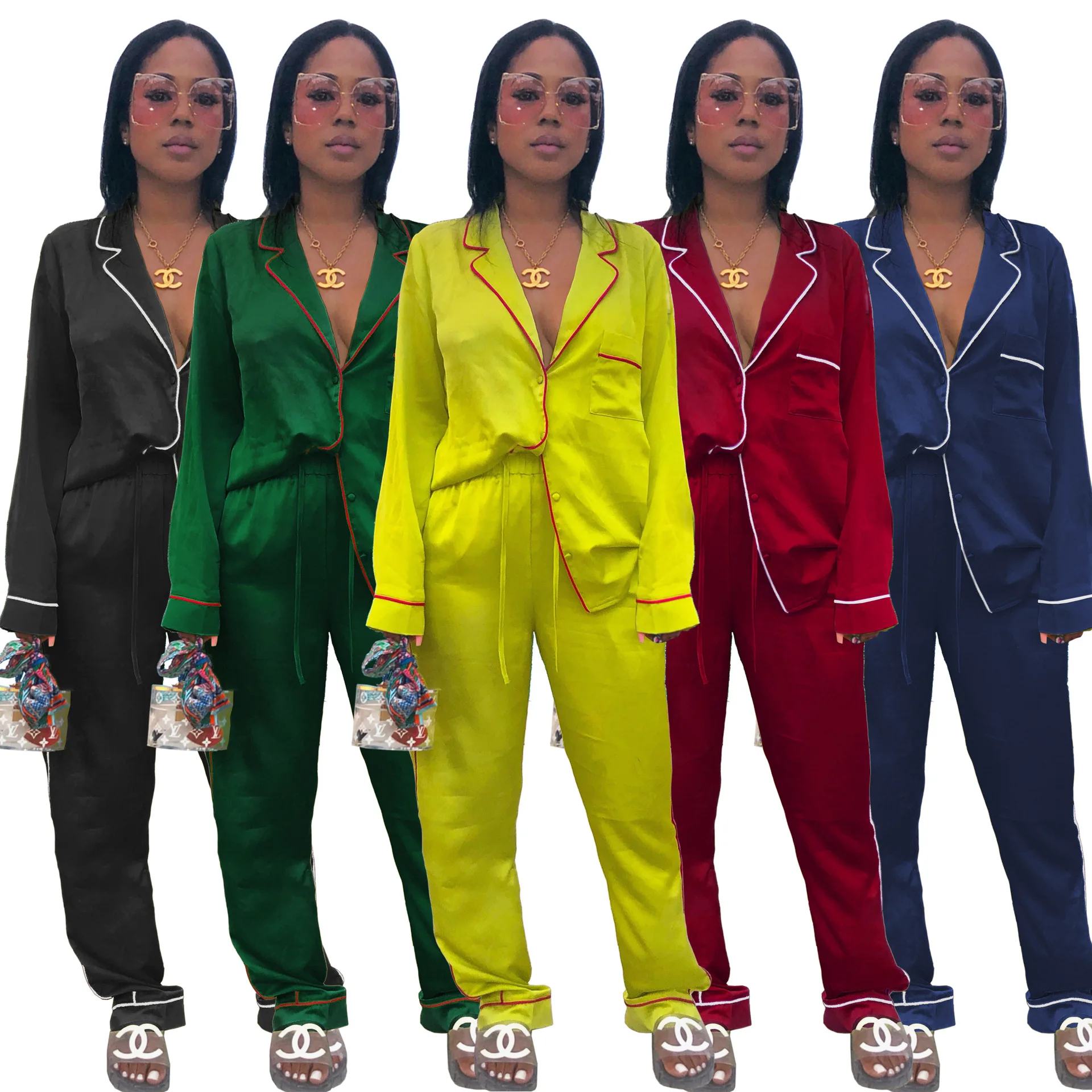 

Hot sale women's new style silk sleepwear worn outside soft lounge wear set silk pajamas women sleepwear, Picture shows