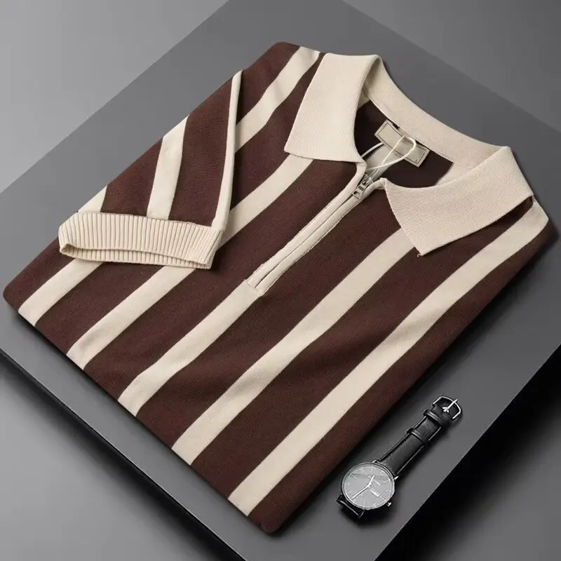Retro Striped Half Zip Polo T Shirt