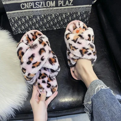 

Leopard printed soft fur slippers winter slides for women, Customized colors