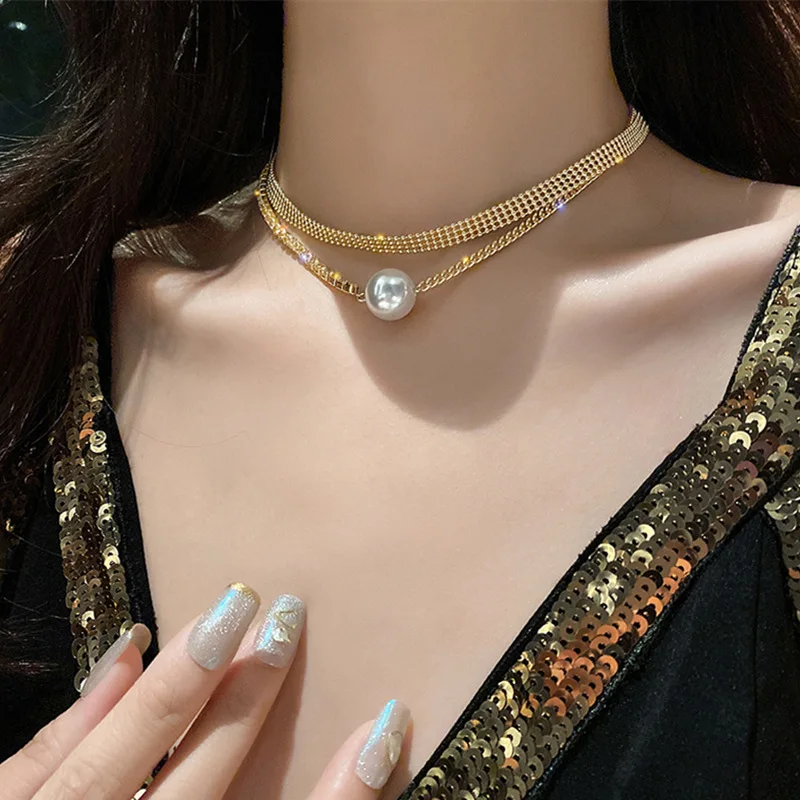 

Korean Double Layers Crystal Rhinestone Choker Necklace White Imitation Pearl Choker Necklace For Women Gift
