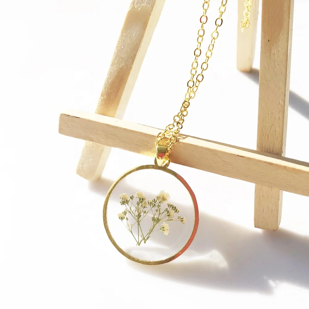 

Boho Jewelry Real white pressed flower baby breath jewelry gold glass charm gypsophila necklace