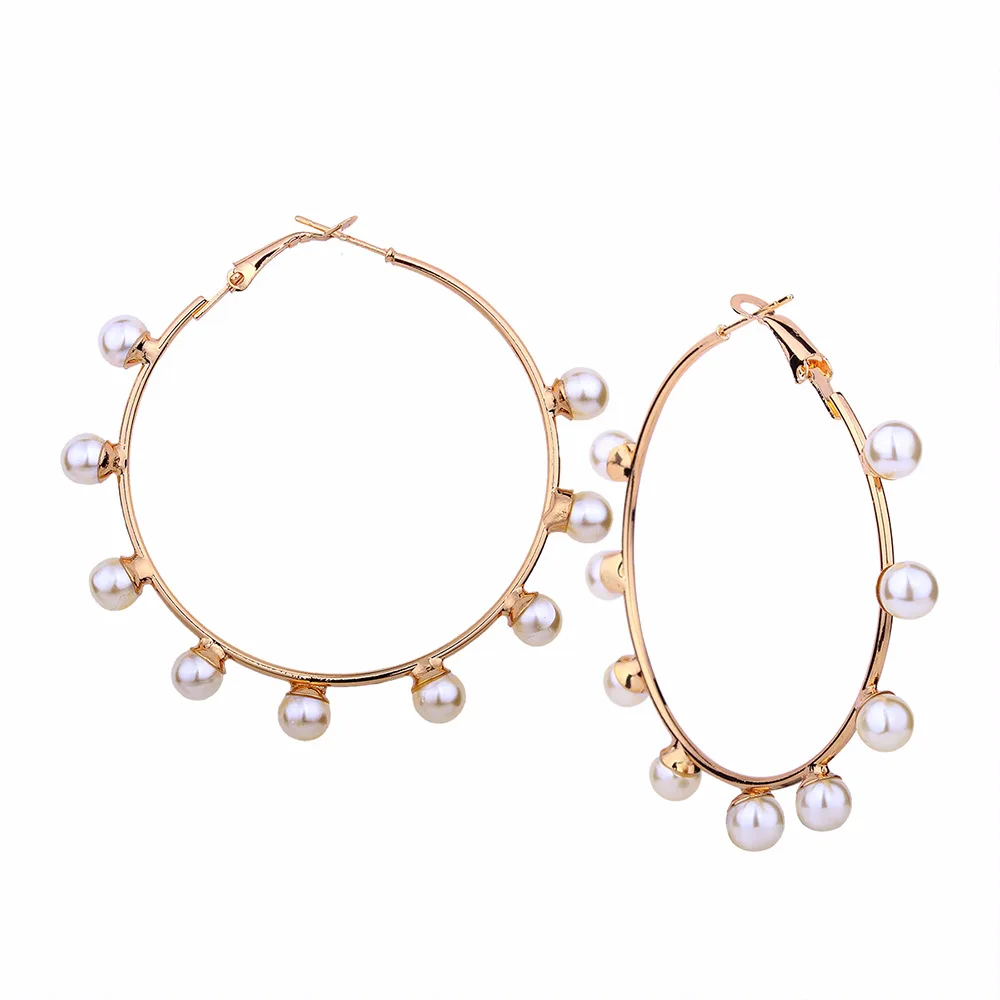 

2021 USA style designer girls and women big hoop imitate pearl high quality clip-on earring drop shipping factory directly, Gold