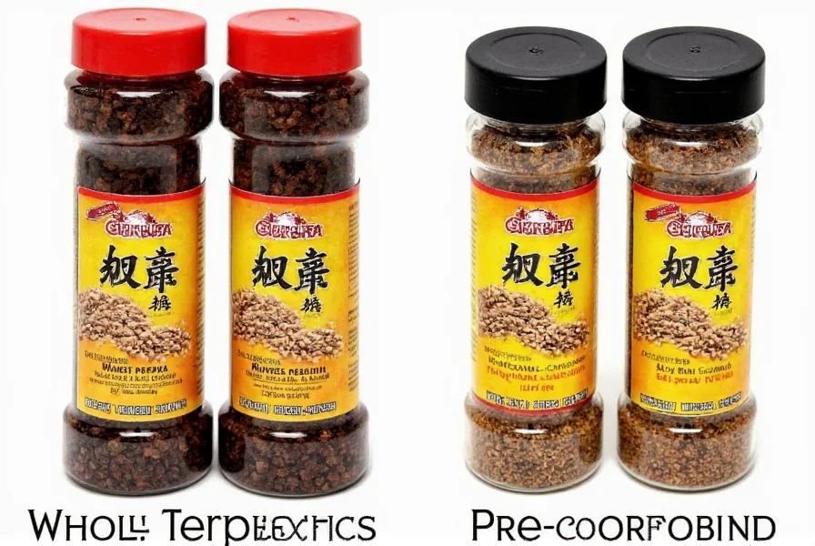Sichuan pepper storage comparison showing whole peppercorns versus pre-ground in different containers