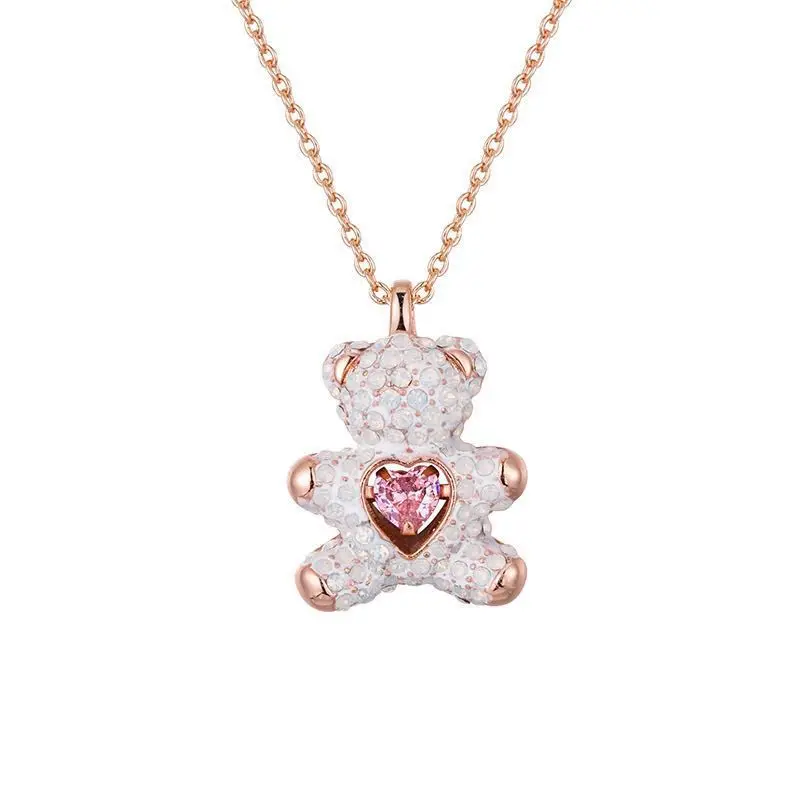 

minimalist dainty pink diamond teddy bear necklace animal charm necklace jewelry girlfriend heart pendant necklace