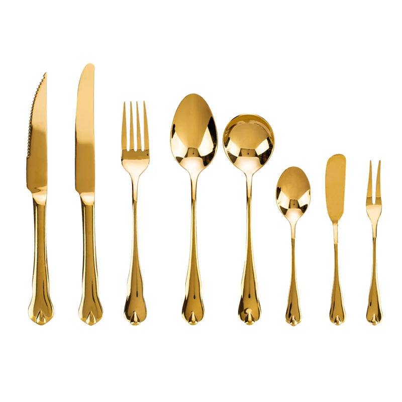 

Guangzhou royal matte gold and white cutlery flatware silverware tableware sets stainless steak knife and fork set