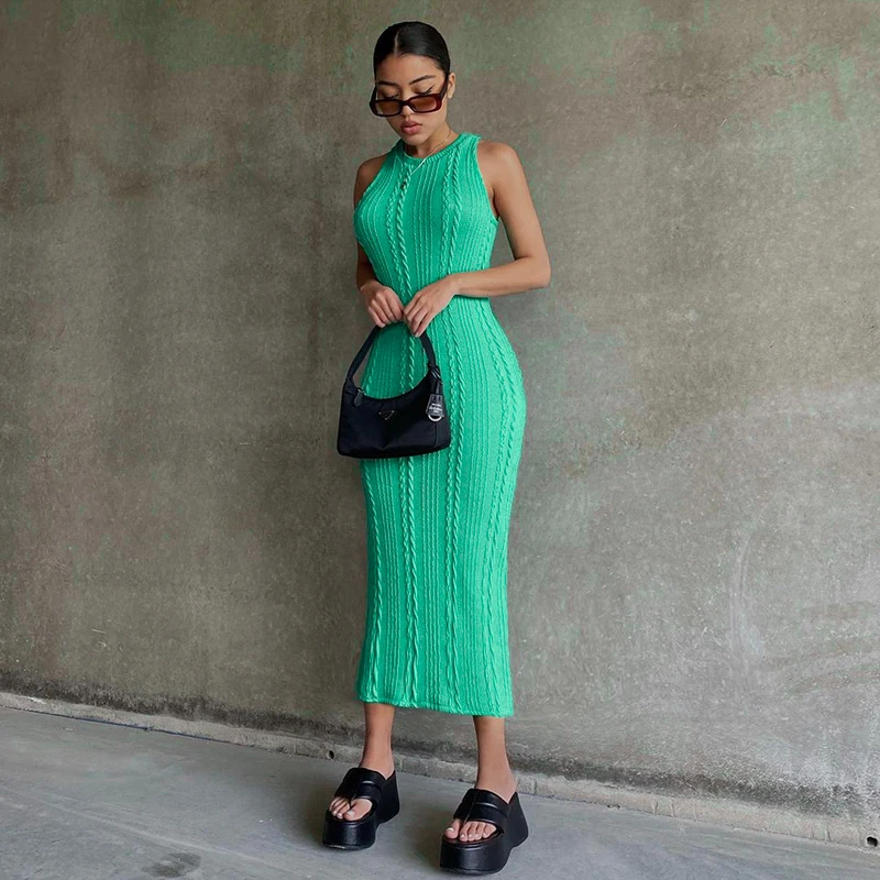 

Lagerfe Knit Ribbed Sleeveless Elegant Casual Midi Dress Women 2021 Summer Fall Fashion Evening Prom Apparel Wholesale Clothes