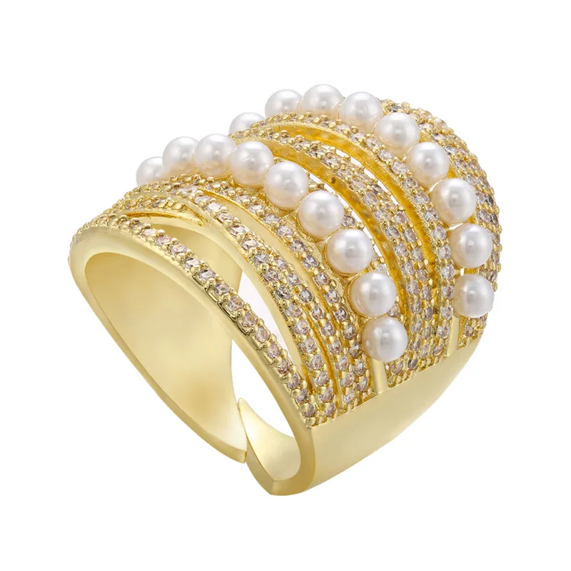 

Punk Hip Hops 18K Gold Plated Multilayer Freshwater Pearl Open Rings Exquisite Micro Pave CZ Zircon Ring For Women
