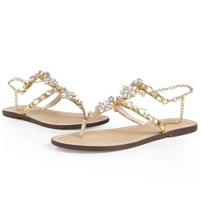 

PVC crystal sandals flower rhinestone gold chain fashion plus size ladies flat sandals