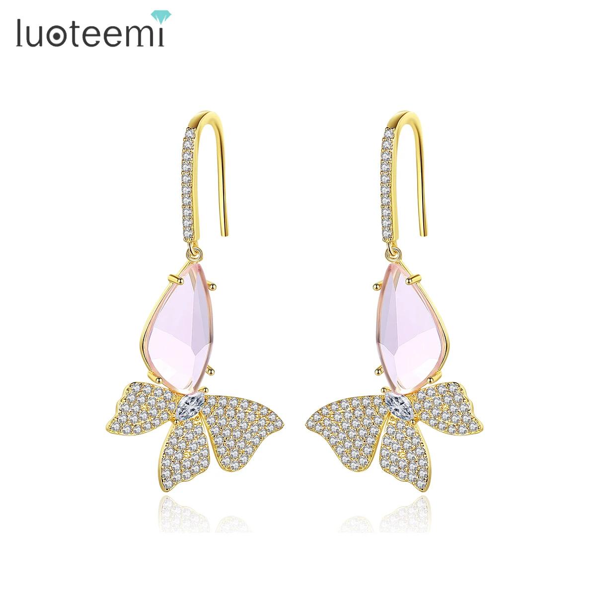 LUOTEEMI Crystal Female Dangling Charm Big Pink Healing Drop Woman Jewelry Hook Fashion Butterfly Earring