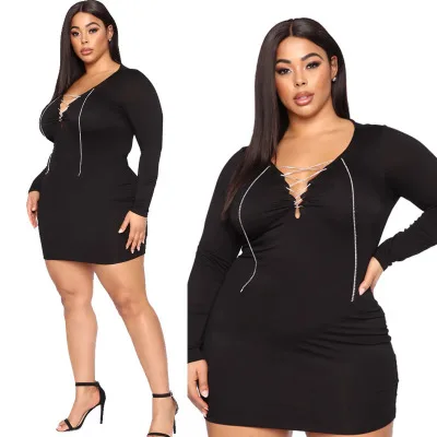 

Ladies Wears Dresses Casual Sexy Solid Color V-neck Dress Long Sleeve Plus Size Fall Women Clothing Dresses, Black