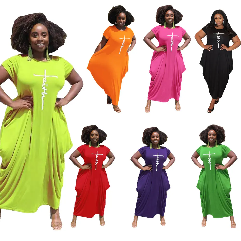 

Plus Size Women Faith Letter Print Oversize Baggy T Shirt Causal Loose Party Short Midi Dresses With Pockets