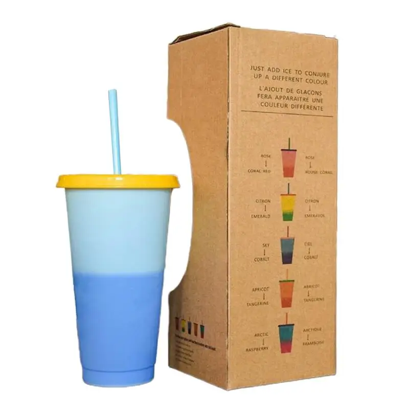 

1pcs Reusable Plastic Water Bottle Temperature Color Changing Cold Cup 710ml Magic Tumbler Juice Coffee With Straws And Lid Set