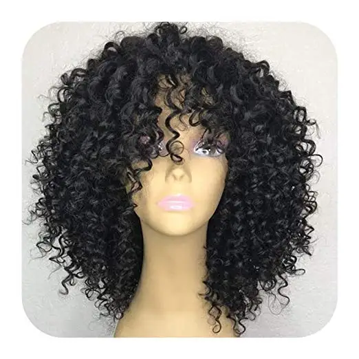

Short kinky Curly Natural Virgin Brazilian afro Curly 130% density Human Hair Lace Front Wigs bang fringe Free shipping