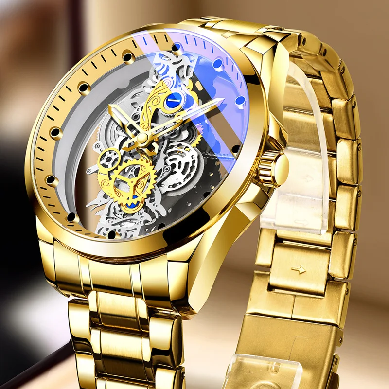 TIGERAO 520 Hollow-out Design Quartz Watches Fashion Stainless Steel Men Watch Leather Band Male Wristwatches