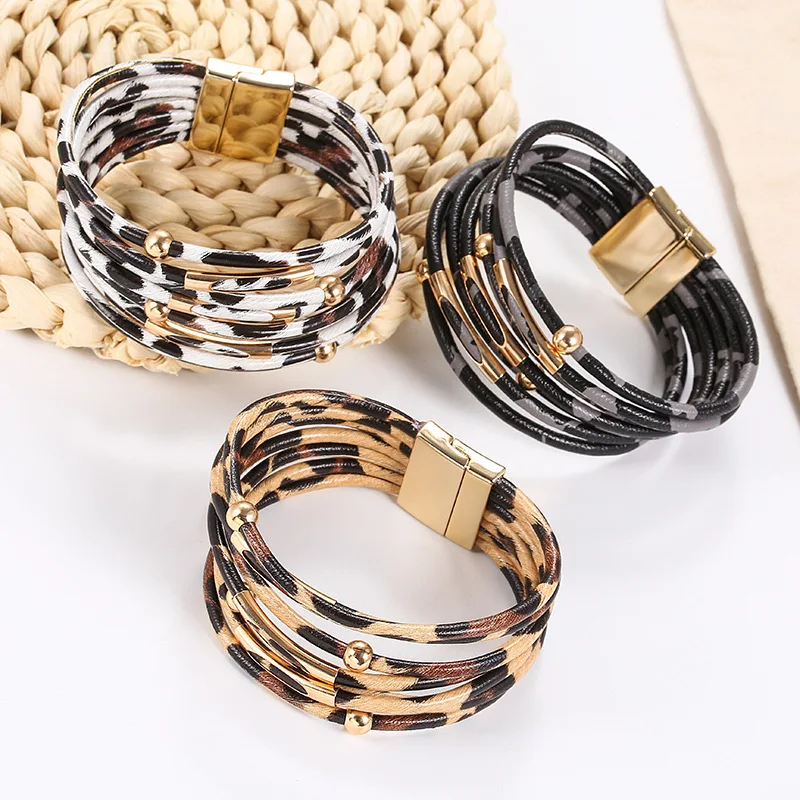 

Leopard Pattern Magnet Buckle Leather Bracelet, 4 colors