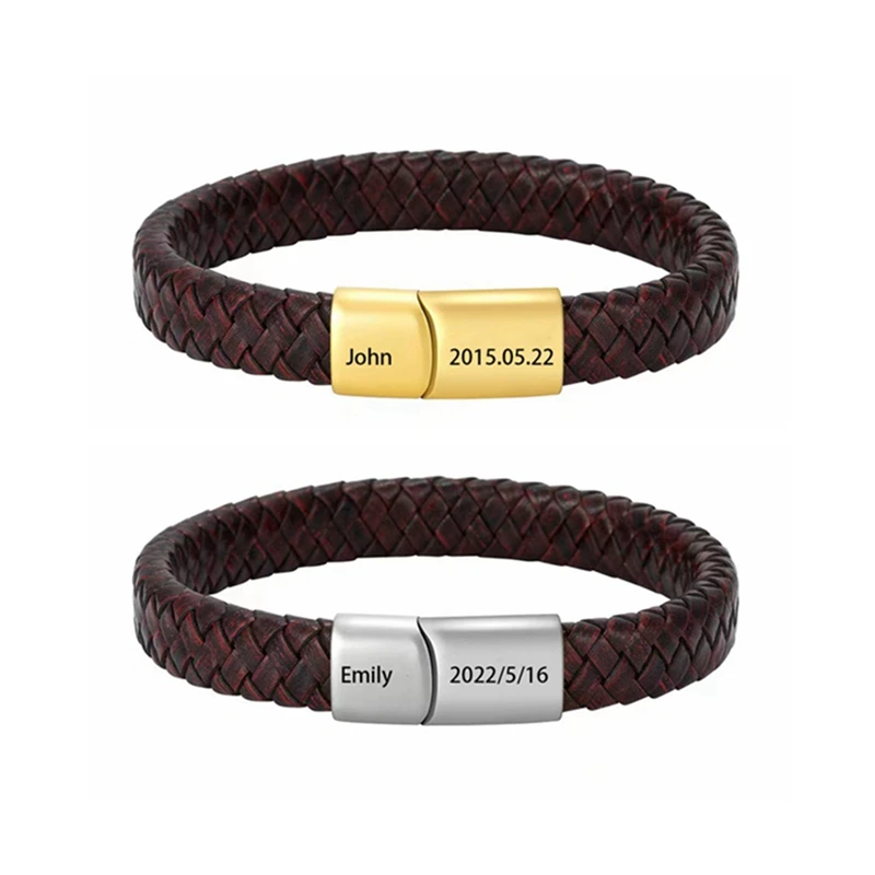 

Custom Engraved Band LOGO Name Date Silver Gold Mens stainless steel Leather Bracelets with magnetic clasp for Engraving