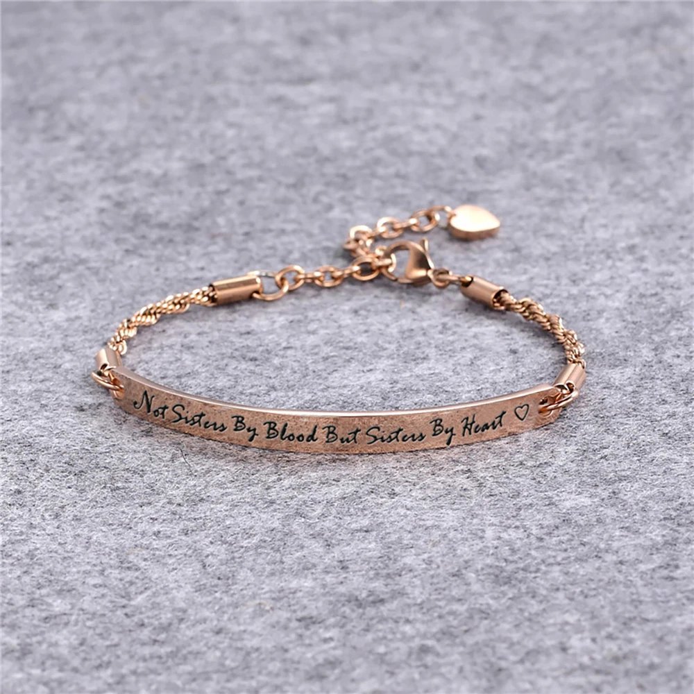 

Girlfriend bff friendship fashion jewelry stainless steel rose gold plated engraved quote custom bar bracelet for women, Rose gold/steel