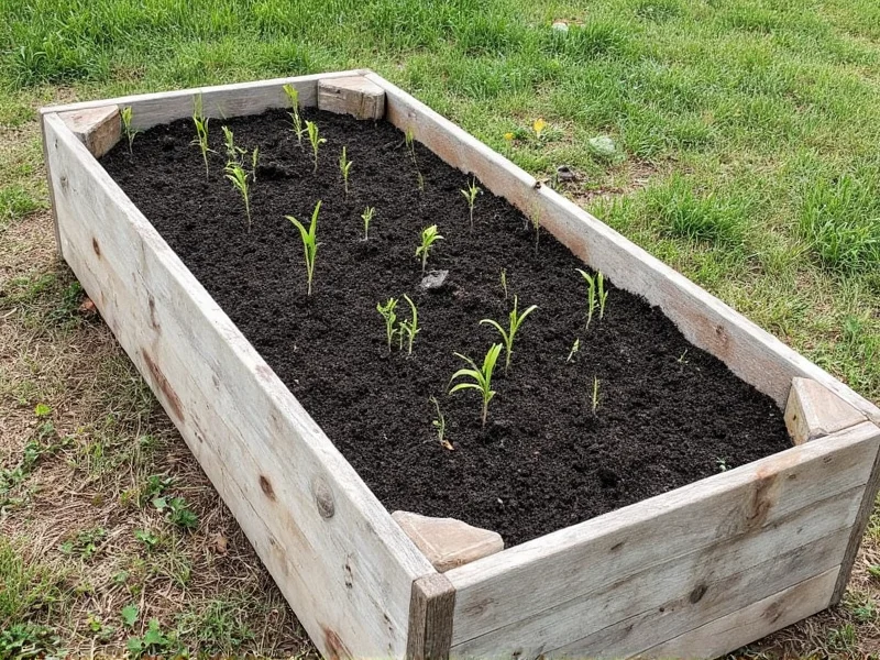 Reclaimed wood raised bed filled with dark soil and seedlings