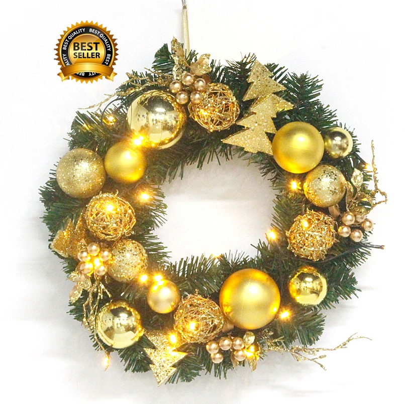 

SENAMSINE Custom 16 inch Gold pinecone Glitter Branch Christmas Wreath With Lights gold Balls Decorative 40cm Wreath