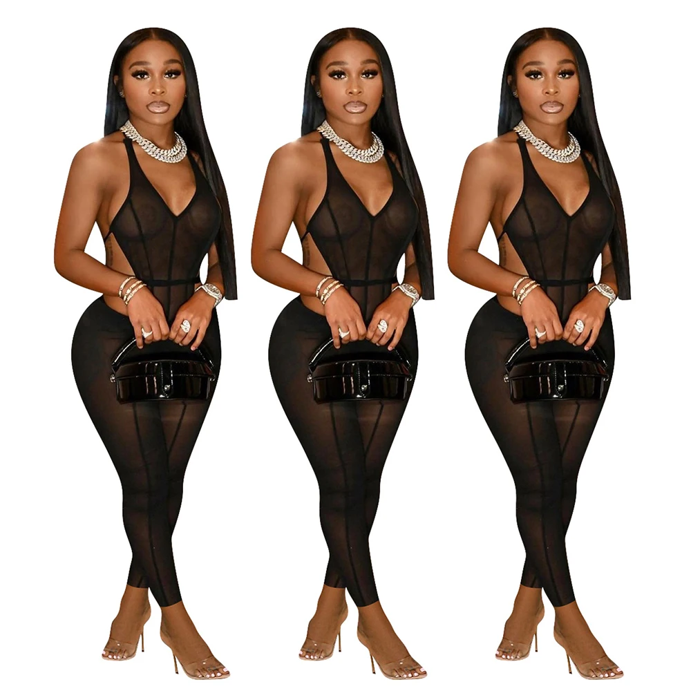 

Summer 2021 Sexy See Through Backless Romper Women Night Club Wear Black Mesh Net Halter Neck Hot Lady One Piece Jumpsuits Pants