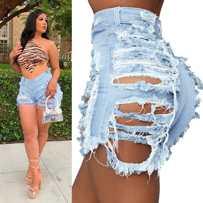 

2021 Summer New Sexy Blue High Waist Ripped Jeans Shorts Women