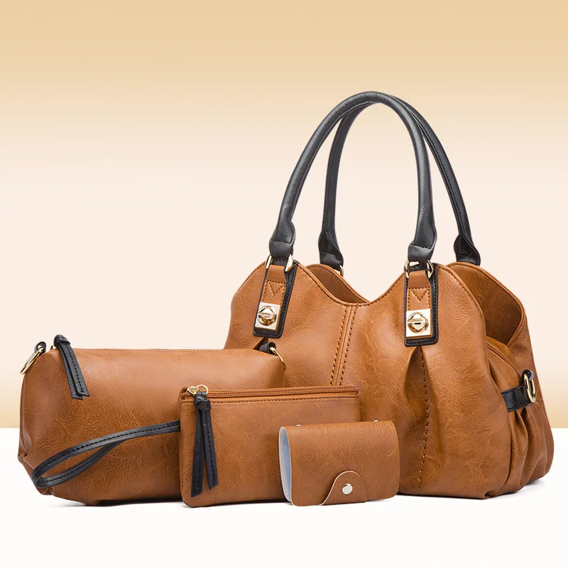 

2021 new design ladies 4 piece set tote handbag PU leather handbags set for women luxury handbag purse shoulder bag set, Black,brown,green