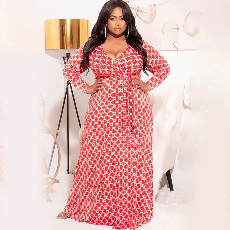 

Women Casual Dress 2021 Autumn And Winter Printed deep V slim long Sexy Plus size women's dress