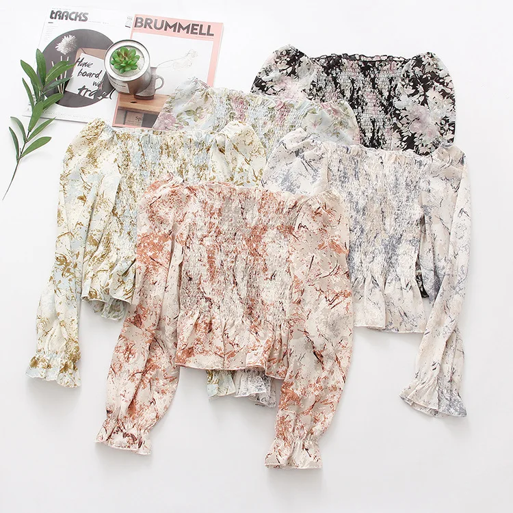 

2021 Coldker Summer New Korean Fashion Summer Ladies Sweet Floral Print Elastic Ruffles Crop Top Short Blouse Shirts, Picture color