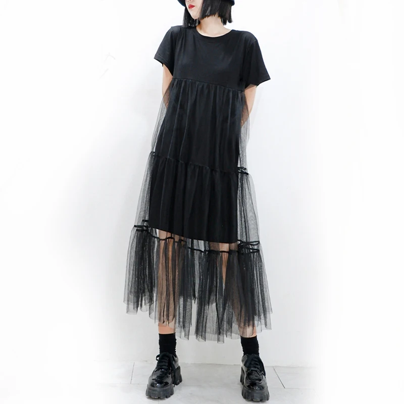 

O-neck Lady Black Lance Long Dress short Sleeve Elegant For Party Dress