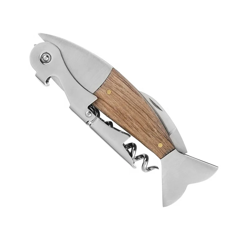 

Amazon hot selling double hinged fish shaped wooden corkscrew, Black