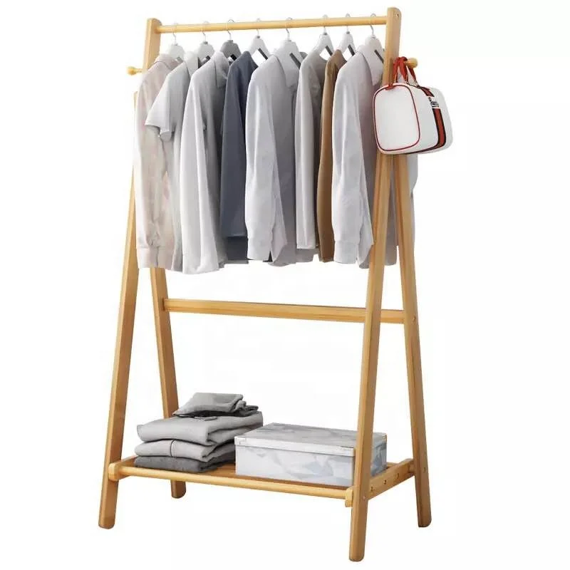 

Foldable Bamboo Clothes Laundry Rack A-Frame Design Garment Stand Lower Shoes Bamboo Shelf