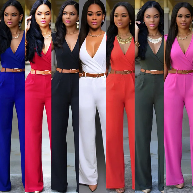 

2021 spring new arrival popular women office lady v neck fashion jumpsuits siamese pants belt jumpsuit mujer